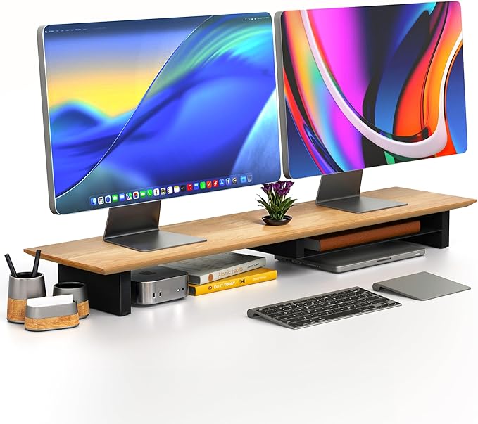 COREMINDED Solid Wood Dual Monitor Stand Riser ??43" Oak Desk Shelf for 2 Monitors with Tray & Wool Felt, Organizer for Desktop, Laptop and Office (Solid Oak)