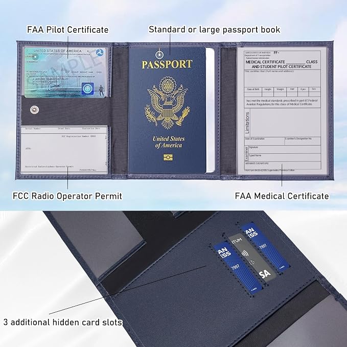 Pilot Wallet Passport Holder RFID Blocking Nappa Leather Travel Wallet, Stylish Travel Companion for Aviation Professionals (Blue)