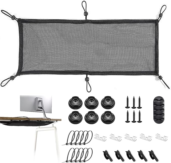Cable Management Mesh Under Desk Kit, Privacy Net, 36PCS Table Flexible Wire Organizer, Extra Large Capacity Kit Desk, 27 x 10 Inches