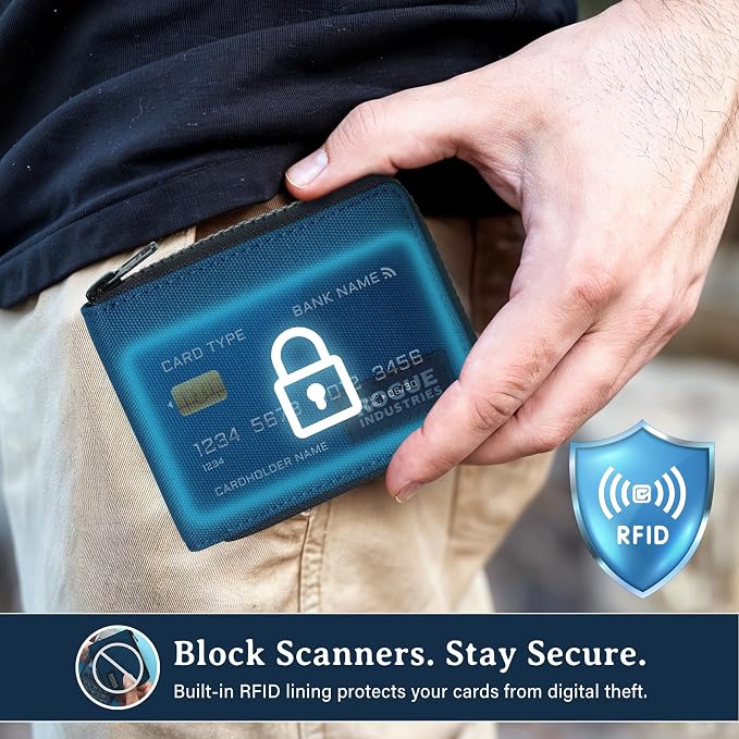 ROGUE WALLET Interior Genuine Leather Wallets for Men - RFID Blocking Robust Outer Nylon Wallets - Full Cash Slot and Expandable Coin Pouch - Gift for Men (Navy)