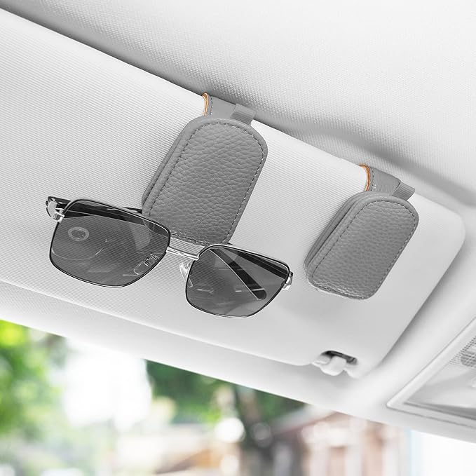 SINGARO Sunglasses Holder for Car, Leather Magnetic Buckle Sun Visor Sunglass Clip, Ticket Card Storage Glasses Clip, Car Interior Accessories for Men and Women（Gray）