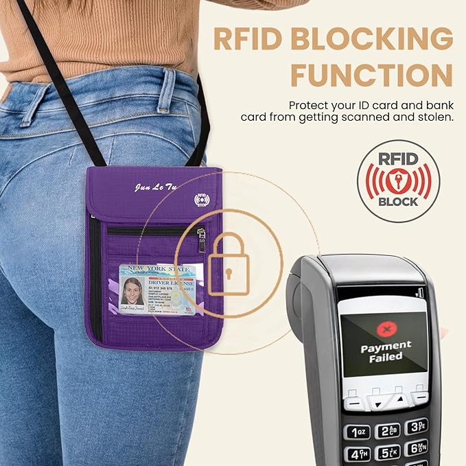 Passport Holder for Travel, RFID Passport Wallet with Visual Window Design, Multifunctional Document Organizer, Waterproof Travel Pouch Neck Wallet for Men and Women, Purple