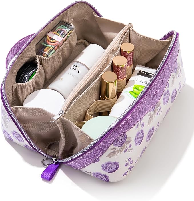 Mrsdry Travel Makeup Bag，Large-capacity waterproof cosmetic bag，Travel bags and toiletries bags for women，PU leather material，Multi-zone and large opening design (Purple flower)