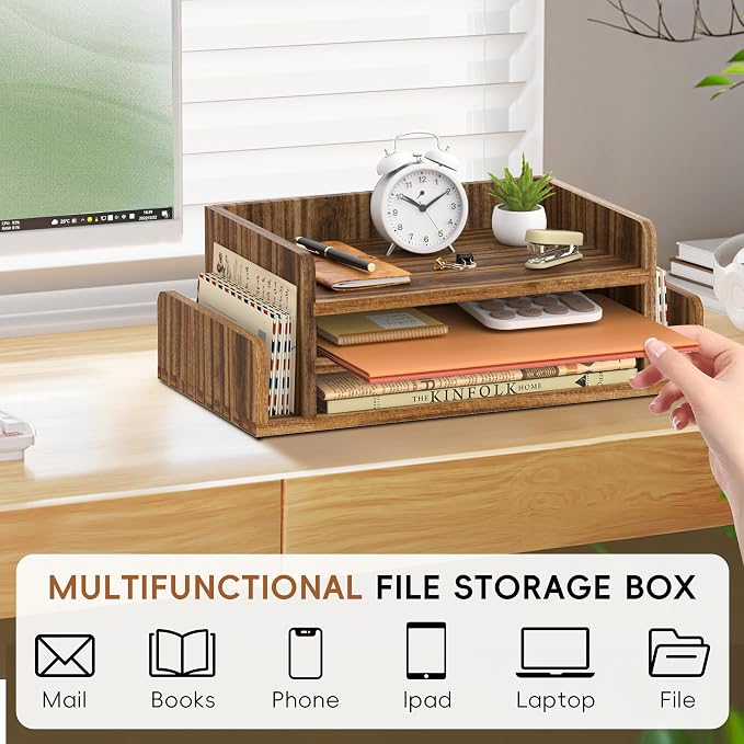 SUPEASY Wooden Desk Organizer, 3-Tier Letter Tray File Organizer with Dual Side Mail Sorter, Solid Wood Desktop Paper Organizer for Office, Home Office, Classroom（Dark Brown）