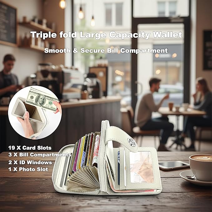 Credit Card Wallets for Women, Leather Cardholder with Zipper Around, Small Rfid Ladies Wallet, Accordion Compact Bifold Purse for Travel, 19 Card Slots, ID Window, Cash Organizer - White