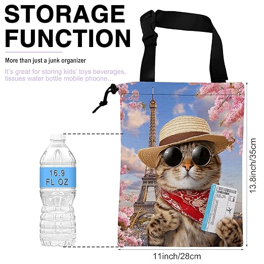 Car Trash Bag Funny Cat and Eiffel Tower Car Garbage Bag Waterproof Car Trash Can for Back Seat with Adjustable Straps and Drawstring, Foldable Car Trash Bin for Car Accessories