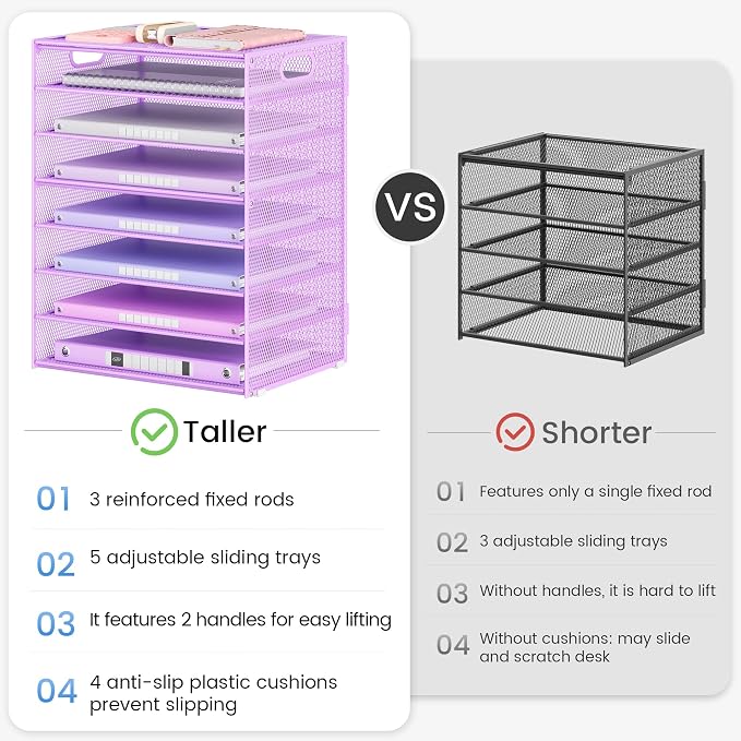 Lavatino 2 Pack 8-Tier Office Desk File Organizer, Letter Tray Paper Organizer with Handle, Including 5 Adjustable Slide Trays for Organizing Desk Workspace Accessories and Supplies (Purple Mesh)