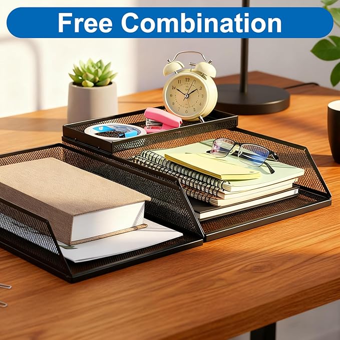 2-Tier Stackable Paper Tray Organizer with Top Tray, Metal Mesh Desktop File Holder & Document Sorter for Office, Home, Learning Places (Black)