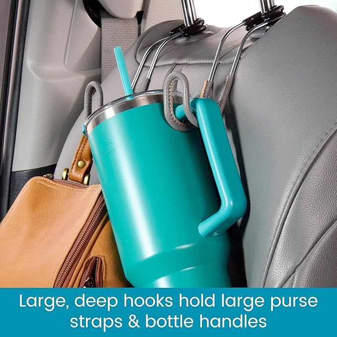 High Road Car Hooks for Purses and Bags with Leather Trim - Unbreakable Headrest Car Hooks for Large Purse Straps and Heavy Bags up to 40 lbs - Secure Attachment Loops Fit All Headrest Posts, 2-Pack