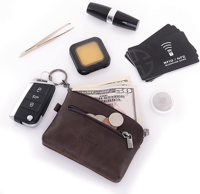 Trusador Milano Unisex Leather Front Pocket Wallet Coin Purse Zipper Pouch with Keychain (Brown)