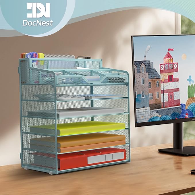 Docnest 6 Tier Mesh Desk Organizer for Paper Office Supplies – Multi-Functional Letter Tray with 5 Adjustable Compartments, 7 Pen Holders, Desktop Storage for Files, Mail, Stationery – Blue