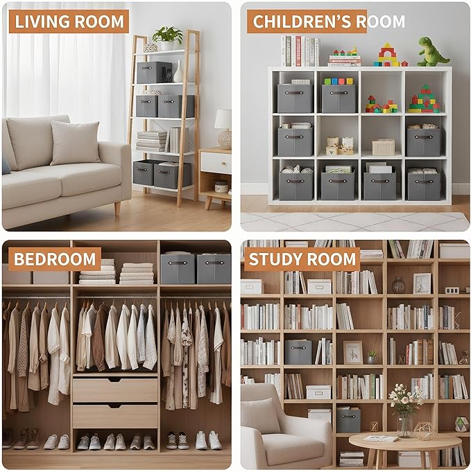 3 Pack Large Collapsible Storage Baskets for Shelves,14.9"x9.5" Fabric Closet storage Boxes with Leather Handles,Decorative Organizers Storage Bins for Clothes,Sheets,Toys,Books,(Gray)