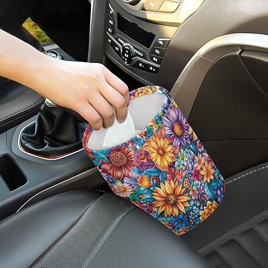 Colorful Flower Auto Garbage Bag Trash Can Collapsible Trash Rubbish Bin Basket Bag Hanging Cup Holder Organizer Car Interior Accessories for Front Seat, Back Seat, Floor, Headrest