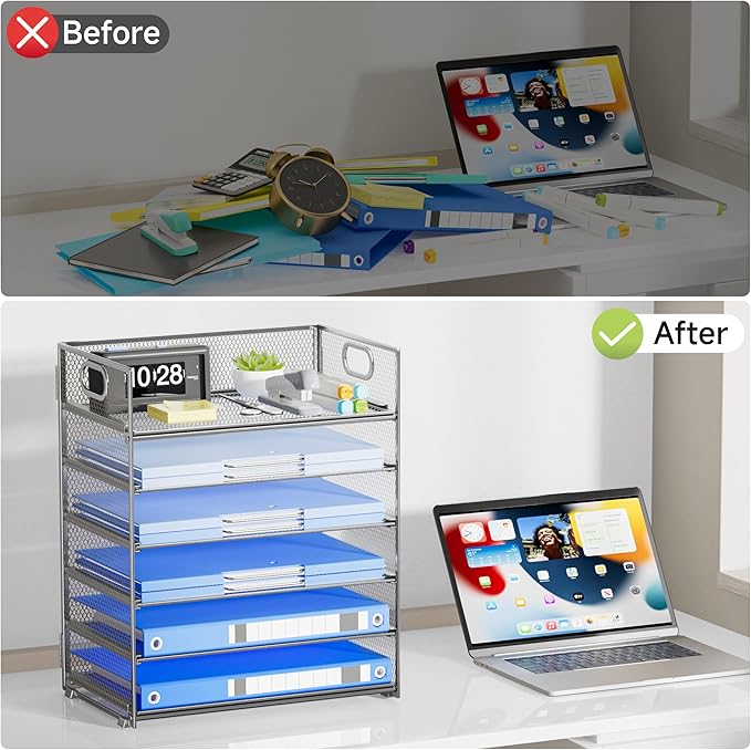 Paper Organizer for Desk with Handle, 6-Tier Silver Metal Mesh File Organizer | Stackable Desktop Organizer for Office Supplies & Home Organization