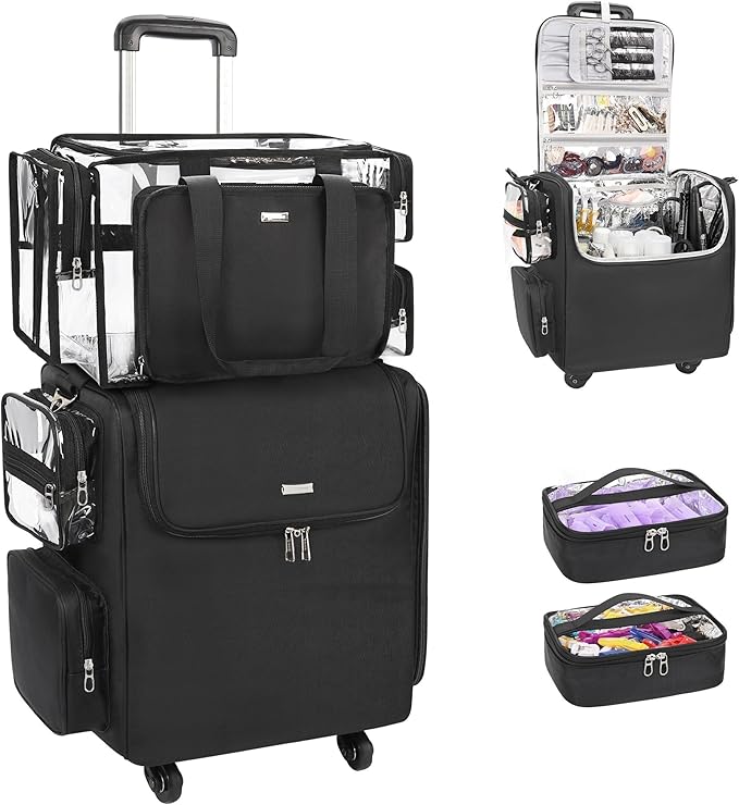 Relavel Rolling Makeup Train Case with Large Clear Makeup Bag, Hairstylist Traveling Bag with 4 Wheels, Cosmetic Storage Organizer Hair Stylist Travelling Bag with Adjustable Dividers & Shoulder Strap