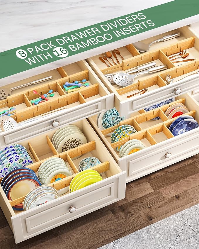 Bamboo Drawer Dividers - Adjustable Drawer Dividers for Clothes, Kitchen, Closet & Office - 8 Pack with Inserts, 18-22.6 Inches, Non-Slip Silicone Ends