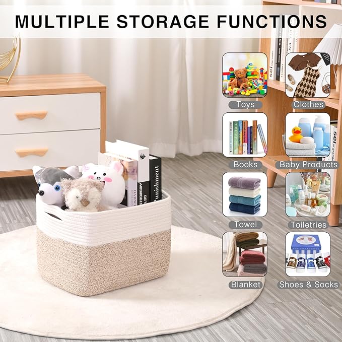 ICERZCZ Storage Baskets for Organizing, Woven Cotton Rope Basket for Storage Books, Baby Organizing Baskets, Toy Storage Basket, 15"x11"x9.5", 3 Packs, Off White & Brown