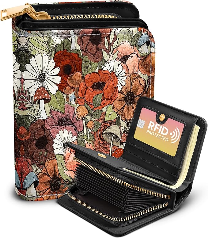 Bistup Credit Card Holder Wallet for Women Cute Leather Ladies Teen Girls Female Cardholder Wallets Accordion Purse Small Medium Aesthetic Print Mushroom Flower Unique Modern Design Rfid Zipper Around