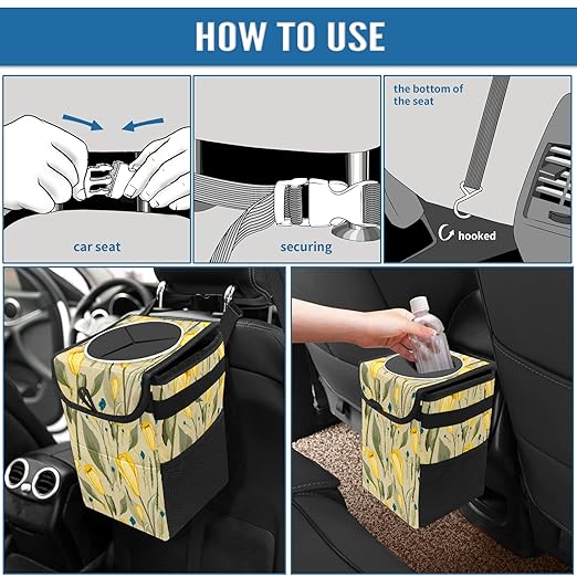 Yellow Tulip Flower Green Leaves Retro Auto Garbage Can with Lid - Leak-Proof Car Storage Bag - Hanging for Headrest - Portable Car Backseat Organizer