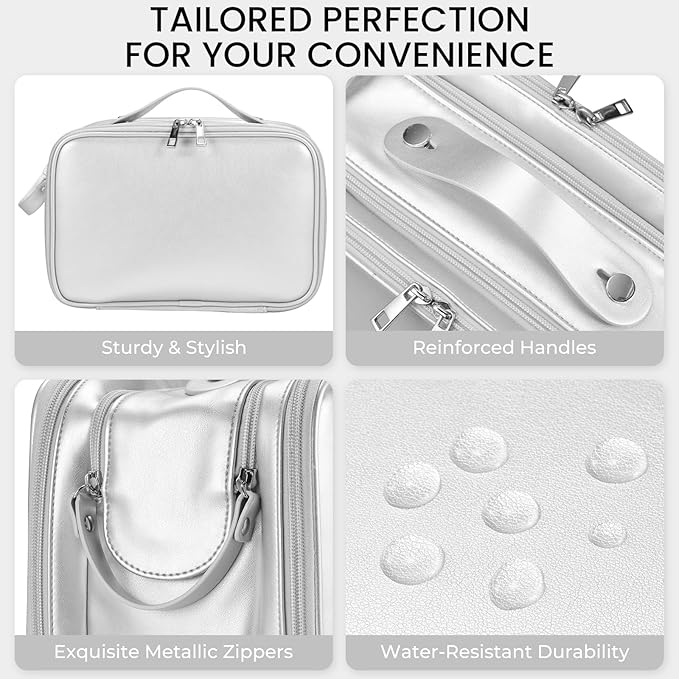 HauteHues Travel Makeup Bag Women's Large Capacity Cosmetic Portable Organizer Large Opening Waterproof Storage Toiletry Bags Vertical Free-Standing Brush Holder for Easy Access Silver
