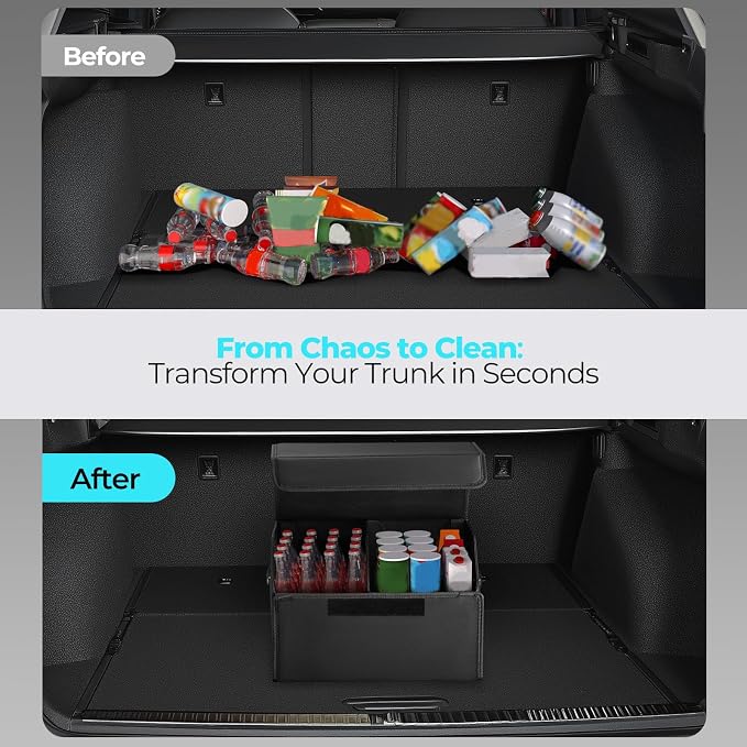 Car Trunk Organizer, Foldable Cargo Storage Box with Hook-and-Loop Lid, Suede & Faux Leather Trunk Organizer for SUV Sedan Truck, Adjustable Divider, Handles, Black, 19.7inches