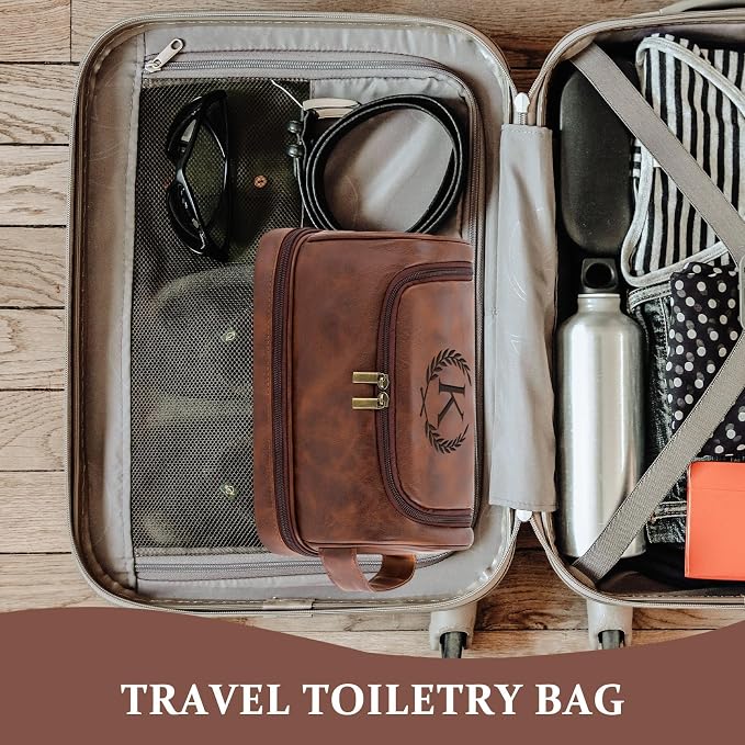 Engraved Initial Travel Toiletry Bag 21st 30th 40th 50th 60th 70th 75th 80th Birthday Gifts for Men Him, PU Leather Shaving Bag Gift for Dad Husband Boyfriend Brother Grandpa, Reddish Brown D