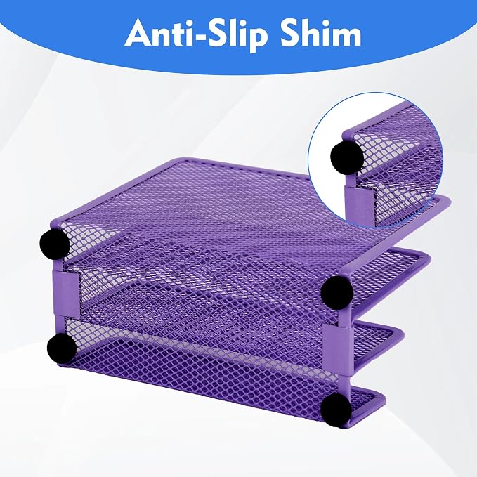 EASEPRES Desk Mail Organizer, Office Small Desktop Metal Mesh Envelope Letter Sorter Paper File Holder Organizer with 3 Vertical Upright Compartments, Purple 1 Pack