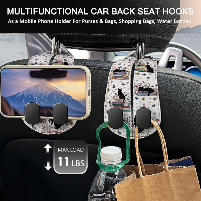 Blusabaca 2PCS Car Hooks for Purses Bags, Book Lover Bookish Black Cat Seat Back Storage Headrest Holder Hanger PU Leather Double Metal Backseat Organizer, Women Car Accessories Organization