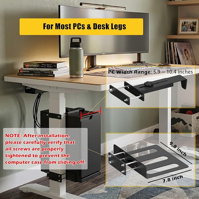 Under Desk PC Mount for Standing Desk, No Drilling Clamp-On CPU Holder with 10 Cable Clips, Heavy Duty Adjustable Computer Tower Stand Fits Most PC Cases up to 44lbs, Universal Gaming Desk Mount