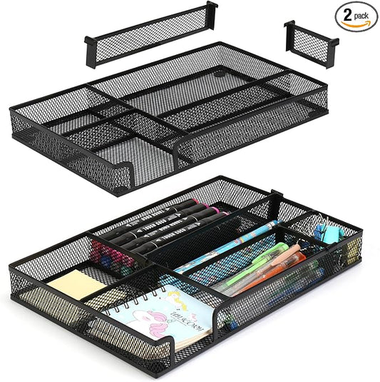 Desk Drawer Organizer Tray, 4 to 6 Grid Drawer Divider with 2 Adjustable Compartments, Metal Mesh Desk Organizer for Stationery Makeup Kitchen Toolroom School &Office, 12.6x8.26x1.57 in, 2 PCS