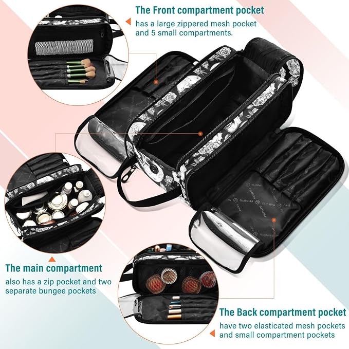 MNSRUU Large Capacity Makeup Bag, Gothic Skulls and Flowers Cosmetic Bag Portable Toiletries Pouch with Compartments Makeup Organizer Case for Travel Women