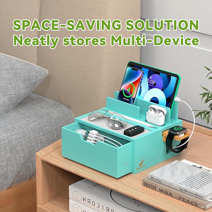 Pezin & Hulin Bamboo Charging Station for Multi Device, with Power Charger & Cables, Nightstand Docking Stand with Felt Pad Tray & Drawer, Compatible with Tablet, Cell Phone, Smart Watch-Teal