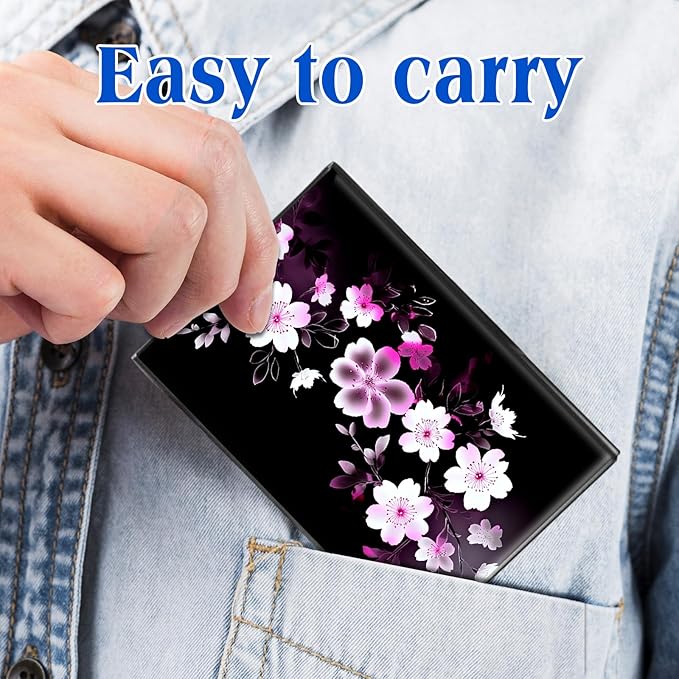 RFID Blocking Credit Card Holder - Slim Metal Wallet for Women & Men,Pink White Flowers Design Stainless Steel Business Card Case,Compact Pocket Organizer for Travel & Daily Use