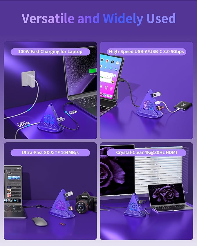 Purple USB C Hub, 8-in-1 USB C Multiport Adapter with 4K@30Hz HDMI, 100W Power Charging, 5Gbps Type C, 3 USB-A 3.0, SD/TF Slots& RGB Lighting, Purple Type C Hub for MacBook, iPhone17, iPad, XPS(Tree)