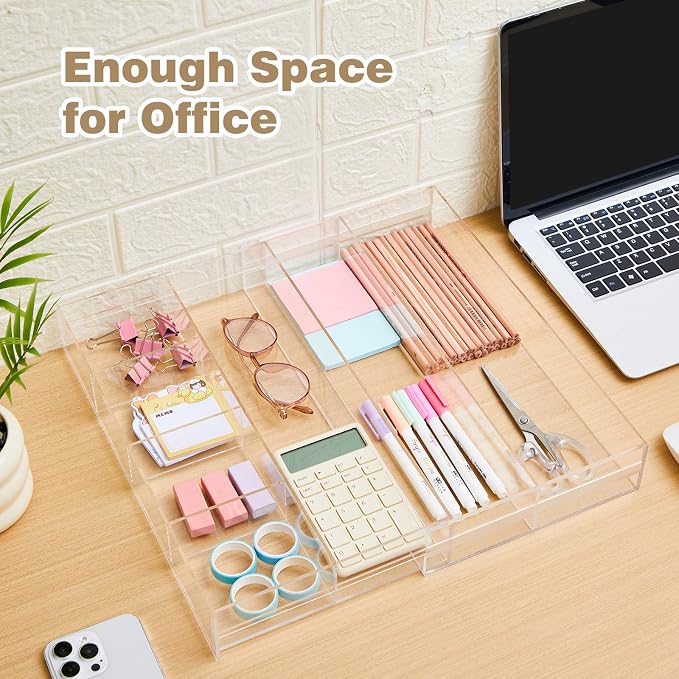 Briwooody 1 Pcs Acrylic Desk Drawer Organizer 12'' up to 16'' x 14.5'' x 2.2'' Expandable Drawer Organizer Trays with 7 Adjustable Compartments Clear Desk Accessories for Makeup Office Bathroom