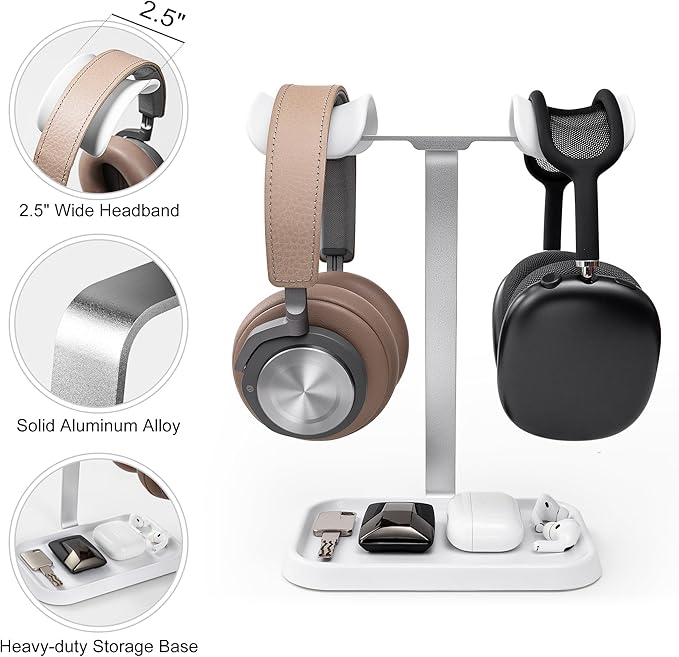 Dual Headphone Stand, Double Balanced Headset Stand with Storage Tray, Heavy Base Gaming Headset Holder for Desk (White)