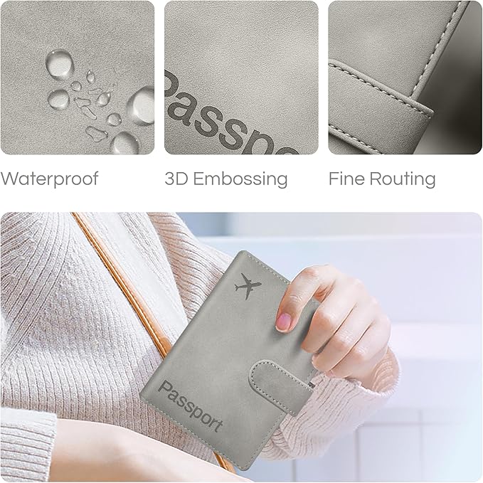 Passport Holder Cover Wallet, RFID Blocking Travel Document Organiser, Must Haves Travel Accessory, Leather Wallet Card Case – Essentials for Men & Women (Grey)