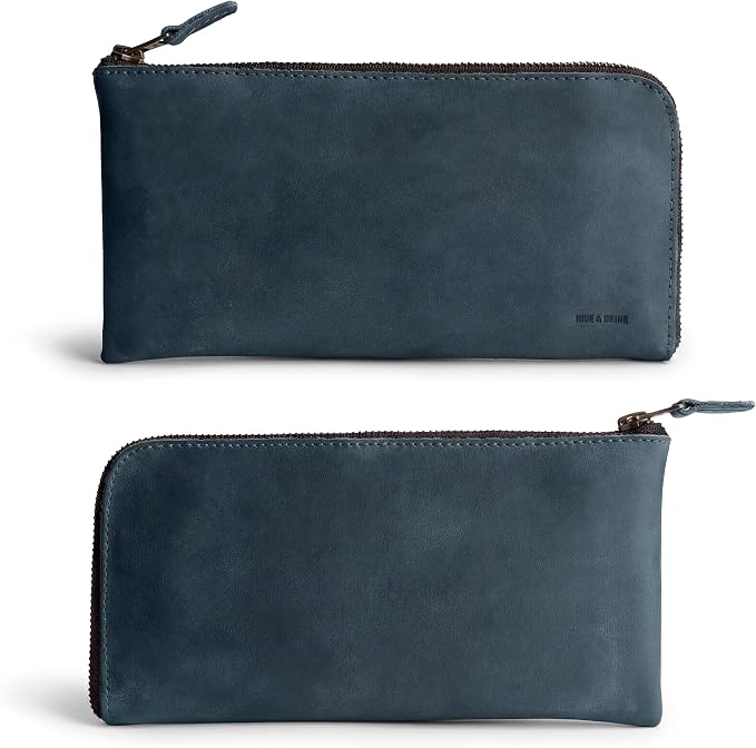 Hide & Drink, Leather Long Zippered Wallet, Holds Up to 8 Cards Plus Coins And Flat Bills, Phone Holder, Cash Organizer, Travel Essentials, Handmade, Slate Blue