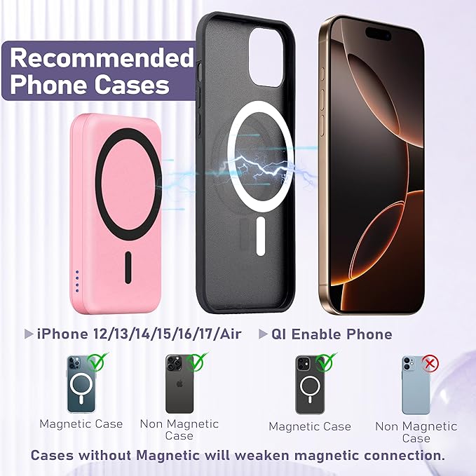 3 in 1 Wireless Charging Station: 5000mAh Removable Power Bank Charger Stand for Phone/Watch/Air Pods - Portable Magnetic Battery Pack for Air 17 16 15 14 13 12 Series Pink