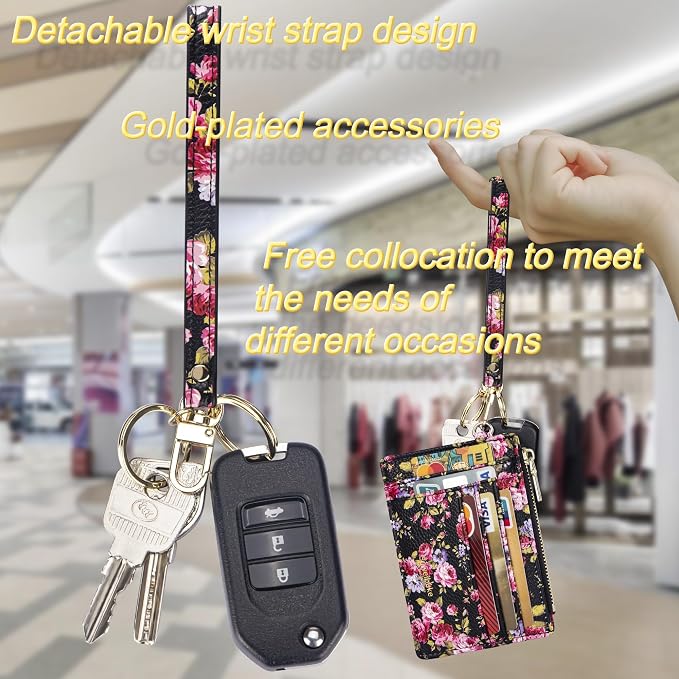 Wikavanli Women Slim Rfid Blocking Credit Card Case Holder Wristlet Zip ID Case Wallet Small Compact Leather Wallet Coin Purse with Keychain (Z-Color flower)