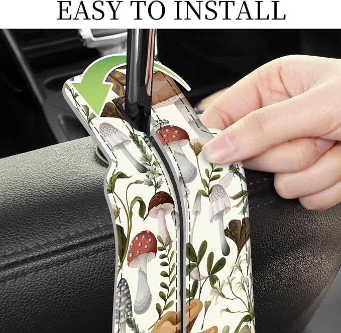 PU Leather Car Seat Hook, Storage Headrest Hanger, Cute Car Backseat Organizer, Car Hooks for Purses and Bags Mushroom Forest Pattern