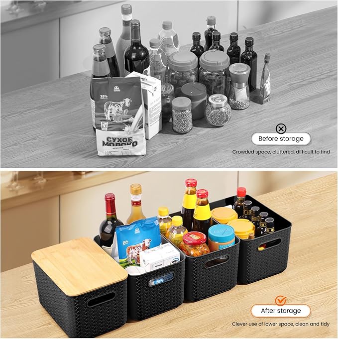 Ohmlove 4 Packs Storage Bins with Bamboo Lids - Plastic Storage Containers with Lids Stackable Storage Box: Storages Baskets for Organizing Desktop Closet Playroom Classroom Office, Black