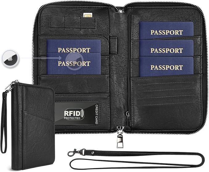 Family Passport Holder Wallet RFID Travel Document Organizer for Women Men, Portable Case Cover for Cards, Boarding Pass with Wrist & Neck Double Strap, Travel Gifts (Textured Black, 1pack)