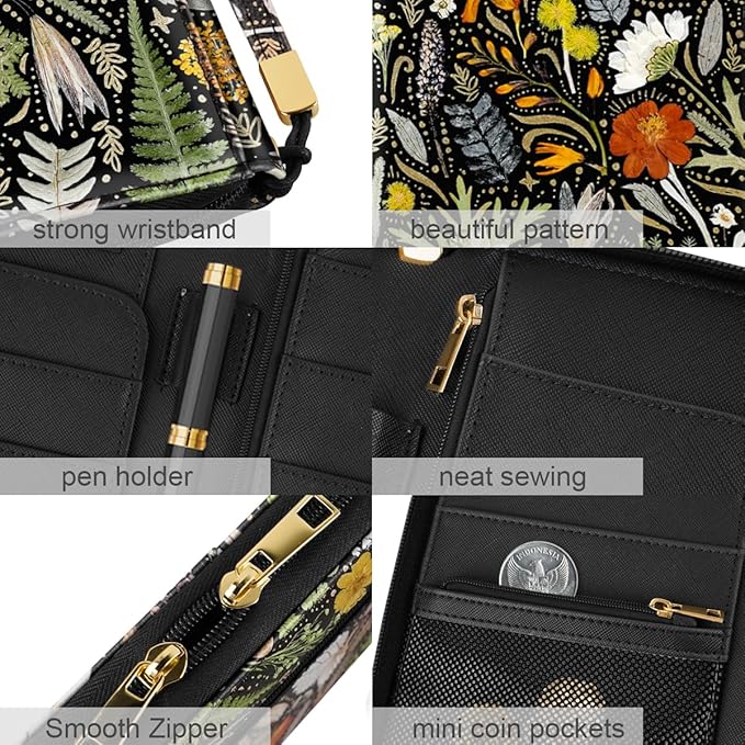 Family Passport Holder Wallet RFID Blocking Document Organizer PU Leather Mulit-purpose Travel Wallet Credit Cards Case for Women Men, Dried Flowers