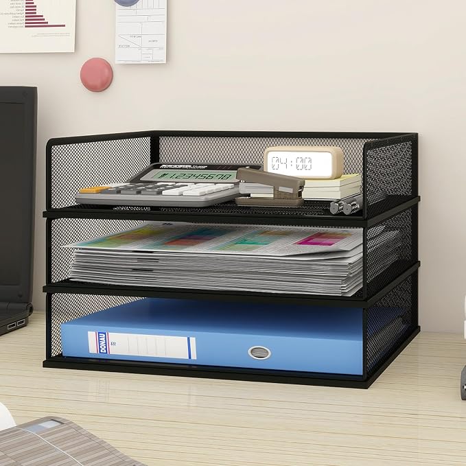 Natwind 3-Tier Stackable Metal Mesh Letter Paper Tray Organizer,Black | Desk Organizer For Paper,Document,Mail Tray For Office Supplies,File Holder For Home Office School Classroom Organization