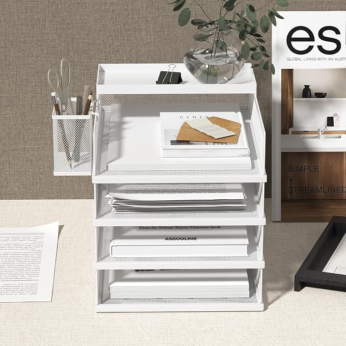 FANXIYQ Stackable Letter Trays, 4 Tier Metal Paper Tray & Desk Organizer, Stackable File Trays for Office & Home, Multi-Functional Document Tray with Fine Grid Design & Magnetic Labels,White