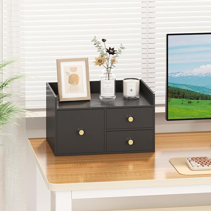Bamboo Desk Organizer - Stackable, No Assembly Required, Ideal for Office/Home Use - Perfect for Toiletries, Stationery, Accessories. (Black, Square drawer to the left of the fence)