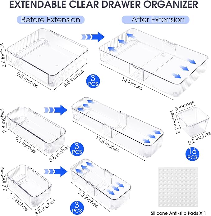 Aneco 25 Pieces Extendable Clear Drawer Organizer Adjustable Vanity Storage Box 4-Size Desk Drawer Divider Acrylic Storage Bins for Makeup, Cosmetic, Jewelries, Bedroom Kitchen Utensils Gadgets