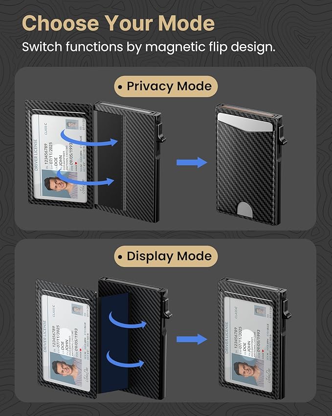 typecase Flip Pop Up Wallet for Men Card Holder: Smart Privacy & ID Display Mode, RFID Blocking, Slim Genuine Leather, Minimalist Front Pocket - 8 Card Capacity | ID Window | Money Clip (Carbon Fiber)