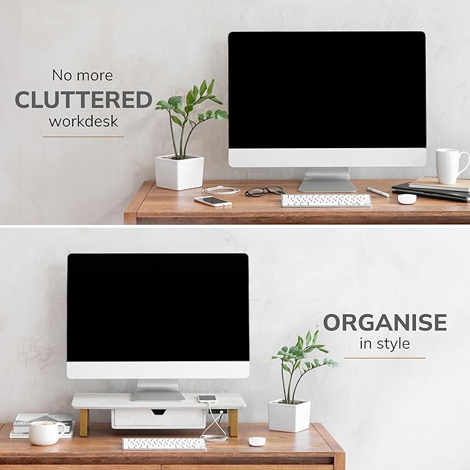 Anji Mountain Monitor Stand - Desktop Organizer & Laptop Riser, Ergonomic Monitor Riser, Space-Saving Monitor Stand for Desk, Durable Construction, Easy Assembly, Ideal for Home & Office,White Wash